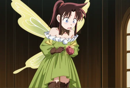 anime screencap, anime screenshot, anime coloring, cowboy shot, 1girl, brown hair, long hair, sidelocks, ponytail, blue eyes, surprised <lora:saya_yaiba:1> detached collar, green dress, frills, bare shoulders, brown gloves, brown thigh boots, fairy wings, long skirt <lora:Kazuradrop_Illus:1> looking down, masterpiece, best quality, amazing quality, very aesthetic, absurdres, highres, newest
