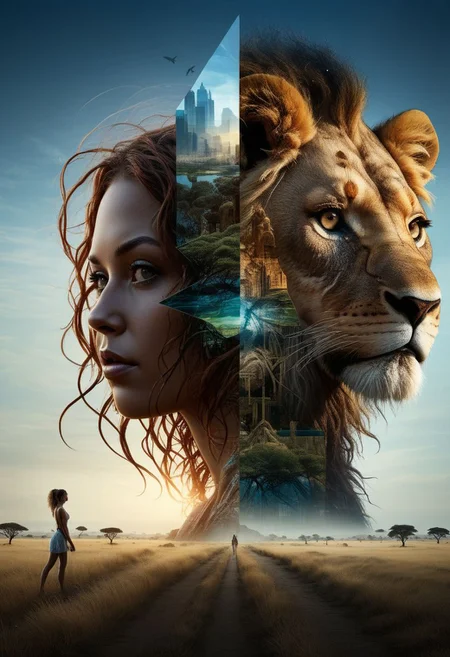 mysterious silhouette of a woman side by side with a lion, in african savannah, goddess, alluring, by Minjae Lee, Carne Griffiths, Emily Kell, Steve McCurry, Geoffroy Thoorens, Aaron Horkey, Jordan Grimmer, Greg Rutkowski, amazing depth, double exposure, surreal, geometric patterns, intricately detailed, bokeh, perfect balanced, deep fine borders, artistic photorealism , smooth, great masterwork by head of prompt engineering <lora:add-detail-xl:2> <lora:Double_Exposure:0.5>