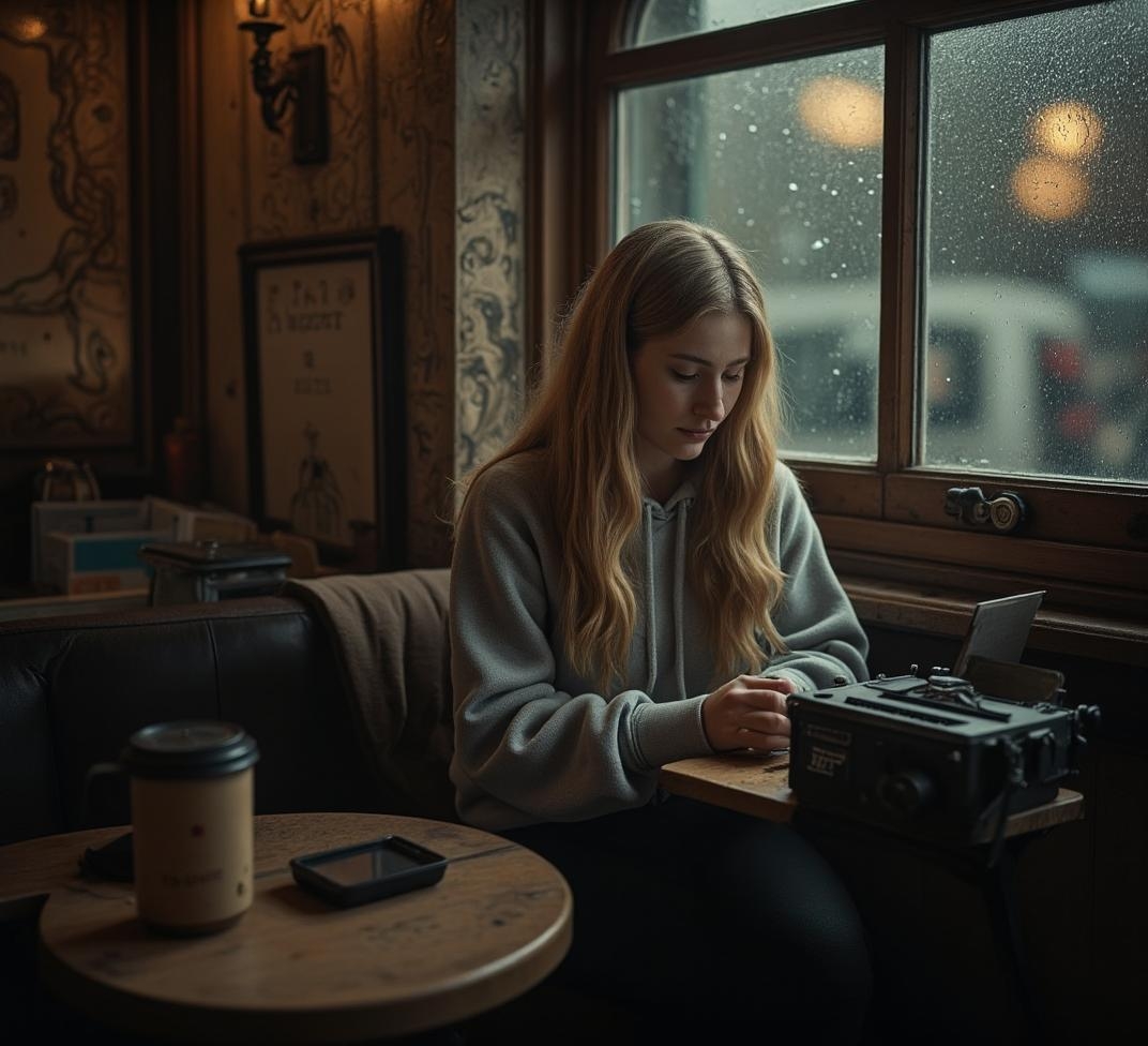 <lora:crumpjournalsketch-000011.safetensors:1>
In the early hours of a dreary November afternoon, the old coffee shop, nestled in the heart of post-war Berlin, hums with a quiet, almost reverent buzz. The air is thick with the scent of roasted beans and the distant clatter of cups and saucers. A young woman, Helga, sits at a small, wooden table by the window, her long, wavy blonde hair cascading over her shoulders. Dressed in a simple grey hoodie and black pants, she is a picture of concentration, her fingers dancing over the keys of an ancient typewriter. The paper, yellowed with age, catches the dim light filtering through the rain-streaked glass, casting a soft, melancholic glow over her features.
The coffee shop, with its ornate wood paneling and vintage decor, serves as a temporary sanctuary for the weary. Patrons, mostly middle-aged men and women, are scattered about, each lost in their own world of books, newspapers, or quiet conversations. The barista, a woman in her late thirties with a stern, yet kindly demeanor, moves gracefully behind the counter, her movements a testament to years of practice.
Helga’s typewriter, a relic from a bygone era, is her prized possession, a tool she uses to weave tales of the mysterious and the unknown. Her surroundings, though cozy, serve as a stark reminder of the city’s recent past, where every cobblestone and brick carries the weight of history. The gentle hum of the coffee shop, the scent of warm pastries, and the soft murmur of conversation create a serene atmosphere, yet beneath this calm lies a deep reservoir of shared pain and resilience.
Footnote 1: The typewriter, a common tool during the post-war era, symbolizes the enduring spirit of those who continued to create and communicate despite the hardships of the time.
Footnote 2: The coffee shop, with its classic interior, reflects the efforts to rebuild and restore a sense of normalcy in a city that had seen the darkest of times.