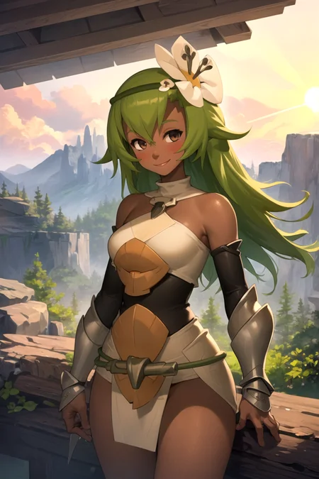 best quality, beautifully detailed illustration, beautifully detailed sunlight, soft lighting, (best shadows), masterpiece, best quality, highres,
BREAK 
1girl, amaliayoung, dark skin, dark-skinned female, long hair, solo, tribal, barefoot, muscular thighs, wide hips, steel armor, gauntlet, pelvic curtain, outdoors, mountainside, cliff face  <lora:Amaliav1:1>  <lora:Kizumonogatari_Style:0.9>, smile, upper body,