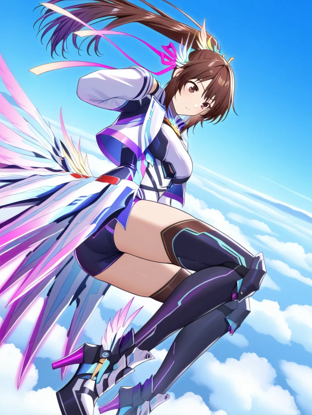 perfect quality,best quality,absolutely eye-catching,ambient occlusion,raytracing BREAK
1girl,<lora:sinnkyuu IL v1.1:1>,sinnkyuu,brown eyes,brown hair,ponytail,hair ornament,long sleeves,open coat,edge skirt,thighhighs,high heels,sky,flying,wind,purple edge,short shorts,