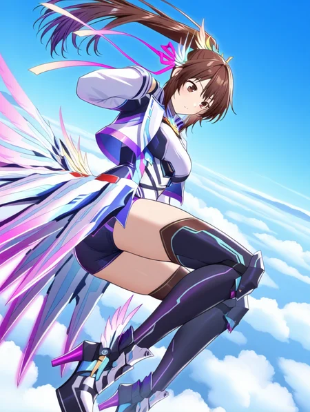 perfect quality,best quality,absolutely eye-catching,ambient occlusion,raytracing BREAK
1girl,<lora:sinnkyuu IL v1.1:1>,sinnkyuu,brown eyes,brown hair,ponytail,hair ornament,long sleeves,open coat,edge skirt,thighhighs,high heels,sky,flying,wind,purple edge,short shorts,