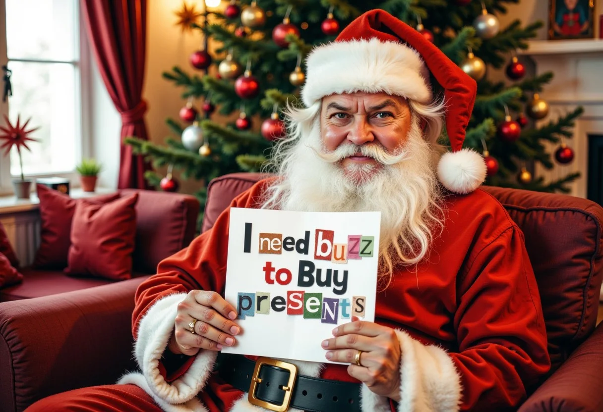 an smug looking Santa Claus, holding up a piece of paper with the text "I need buzz to buy presents", written in a playful, cut-out style, using various colored pieces of paper with different textures and patterns. sitting on a red sofa, in a christmas living room,day light, volumetric lighting, high resolution, 8K, colorful