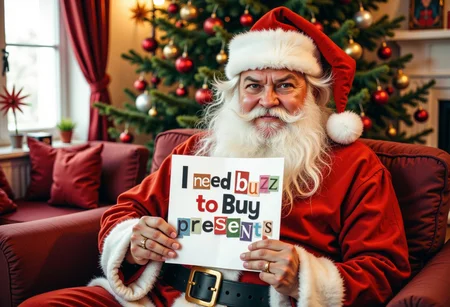 an smug looking Santa Claus, holding up a piece of paper with the text "I need buzz to buy presents", written in a playful, cut-out style, using various colored pieces of paper with different textures and patterns. sitting on a red sofa, in a christmas living room,day light, volumetric lighting, high resolution, 8K, colorful