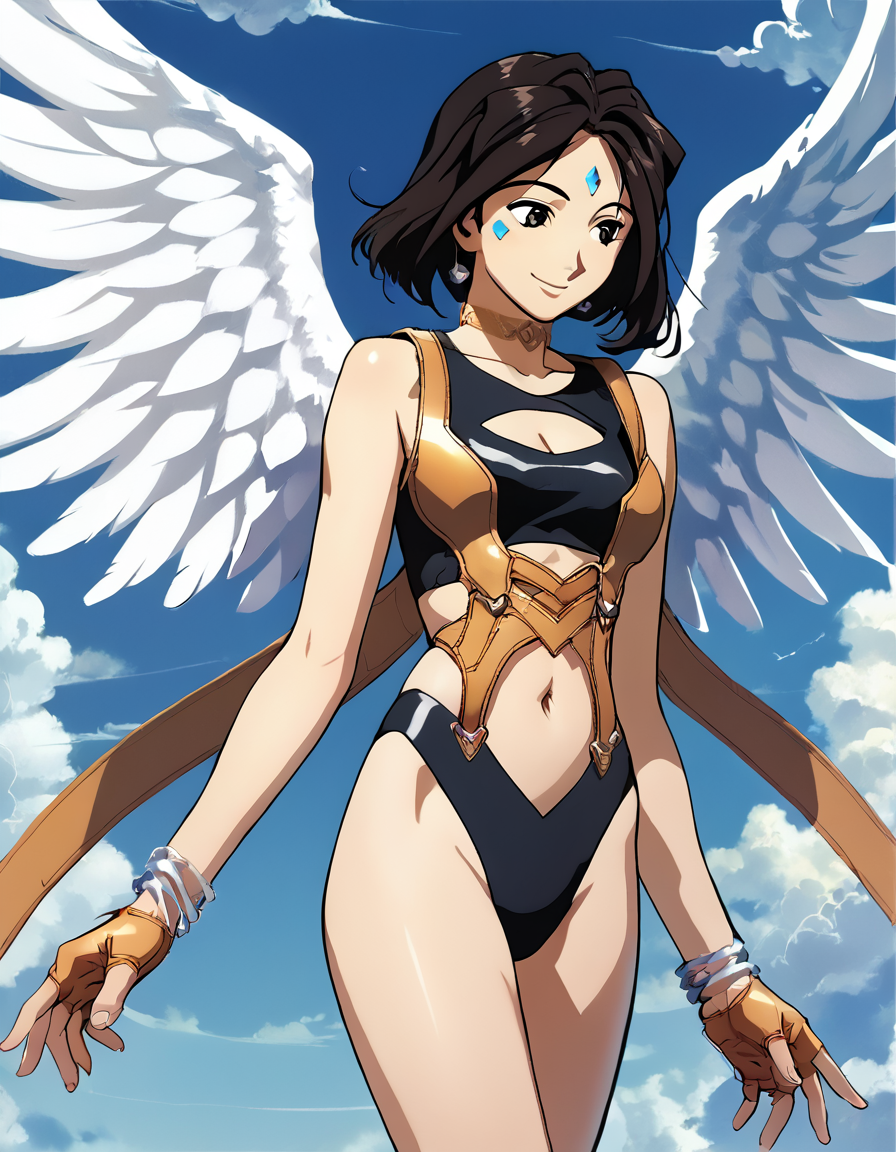 score_9, score_8_up, score_7_up, score_6_up, score_5_up, score_4_up, source_anime,  , Peorth, smile, gloves, navel, cleavage, jewelry, swimsuit, bikini, wings, sky, choker, day, midriff, cloud, fingerless gloves, bracelet, clothing cutout, cleavage cutout, angel,