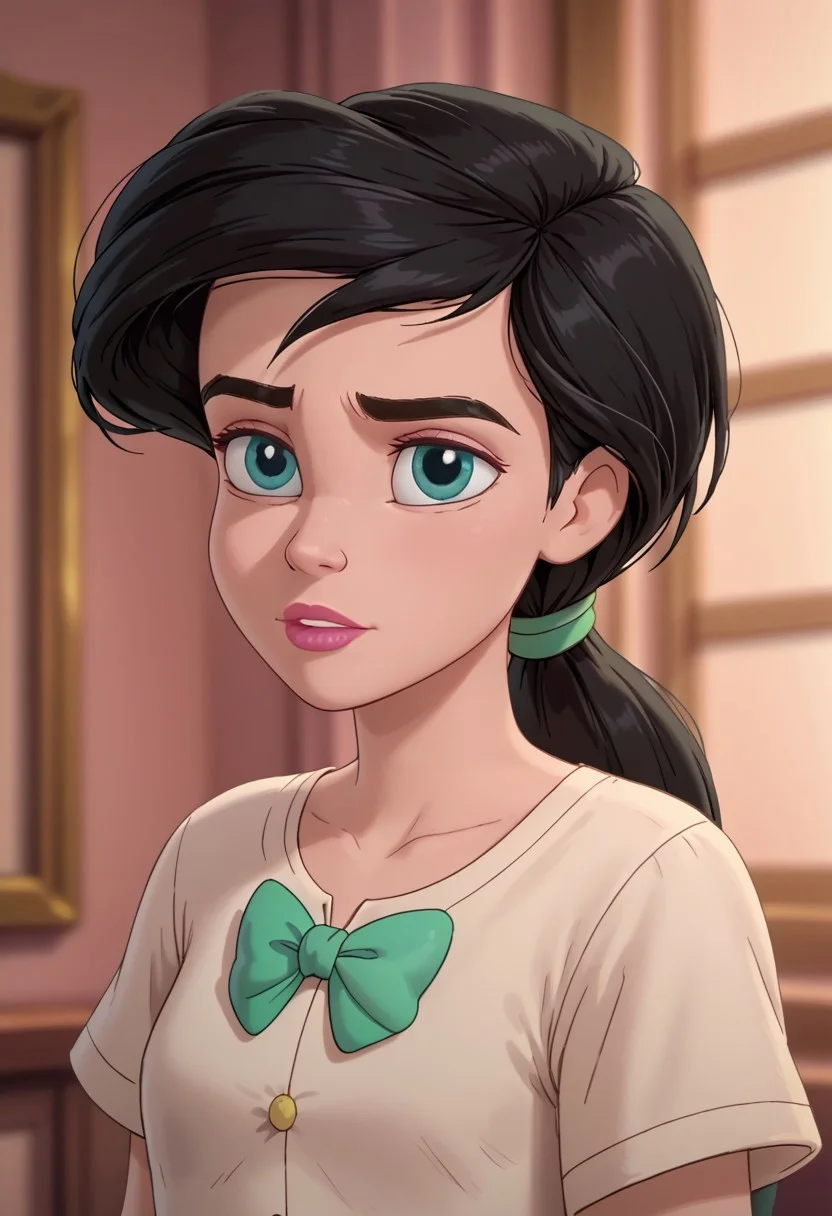 score 9, score 8, score 7, MelodyLM, 1girl, solo, melody, aqua eyes, black hair, ponytail, pink lips, lips, lipstick, makeup, thick eyebrows, human, white undershirt, white green bowtie, green hairband, portrait, upper body, masterpiece, highres,