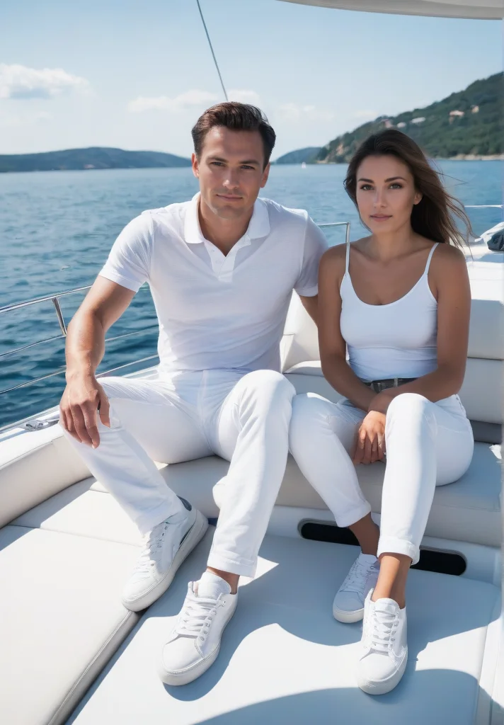 man 35 years old and young woman, sitting on the yacht, see at camera, white pants, white sneakers <lora:Couple on yacht v.5:0.8>, <lora:Perfect Hands:1>