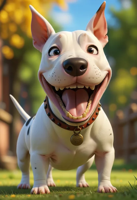 pixar style, 8k, realistic, vray, HDR, 6000K, perfect light, bokeh, dept of field, photorealistic, masterpiece, high resolution, best quality,
(pixar style), (pixar character:1.2, bull terrier, smiling, happiness, black marking on the eye