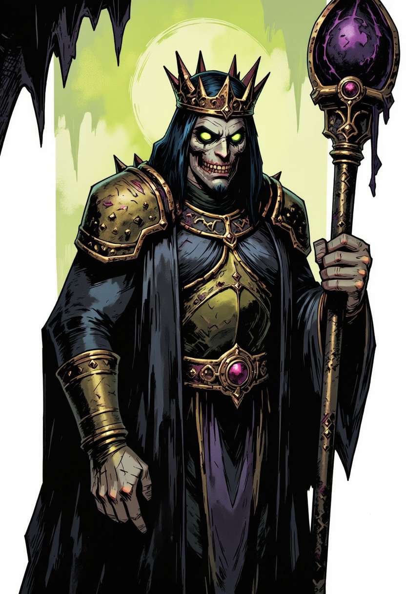 inked comic illustration in TTCSV1.0 artstyle that features A once-powerful monarch whose kingdom fell to a plague of darkness. His once regal armor is now rotting, covered in black vines that seem to pulse with a malevolent life of their own. His crown is cracked, with jagged, obsidian shards protruding from it, and his face is gaunt, twisted by years of decay. His eyes glow with a sickly green light, and his skeletal hand grips a cursed scepter that commands the undead. The Blighted King walks among the living only as a shadow of his former self, a remnant of death that seeks vengeance on those who wronged him.