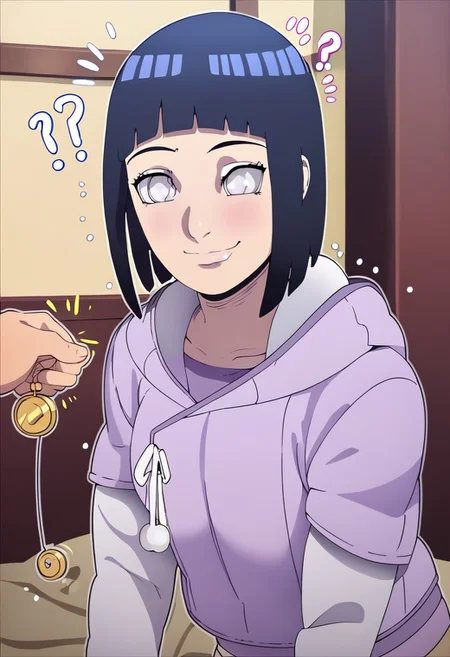 d-art, d-art style, expressiveH, score_9, score_8, masterpiece, perfect face, smug face, sweating, curvy, looking at viewer, Hinata Hyuuga, D-ART, D-ART Style, 18dart3, 18dart2, 18DART1, !!, ??, hinapony, pearl eyes, bedroom, cleaning house, pendulum, looking at pendulum, surprised, confused, "!?", sole female, solegirl, 1girl, pendulum swinging in front of her face, hinata looking at pendulum, coin on string,