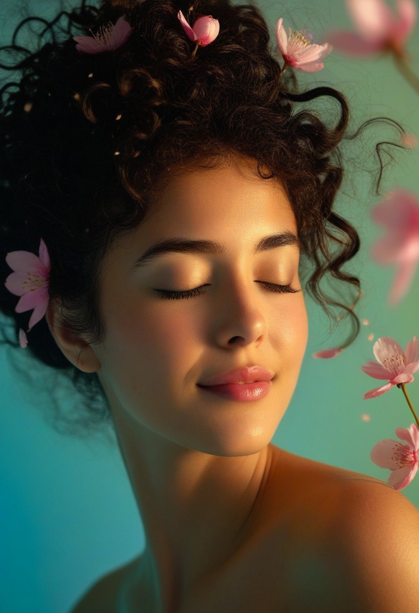 This is a digital art piece in a surreal, fantastical style, featuring a young woman with a serene, contemplative expression. She has her eyes closed and her head tilted slightly. Her skin appears to be adorned with a cascade of vibrant pink cherry blossom petals, which seem to be wind blown from behind her head, along with her hair. The petals are so intricately arranged that they form a naturalistic, almost organic texture, blending seamlessly with her dark, curly hair. high-definition photograph
Her skin is a warm, slightly olive tone, and she has a subtle, delicate nose and full lips with a hint of a smile. She seems to be a young woman, likely of Mediterranean descent, with a small amount of makeup enhancing her features.
The background is a soft, gradient blend of dark blue and green, with a warm, golden light source illuminating from the right side, creating a warm glow. The petals and surrounding area have a slight bokeh effect, making the focus intensely on the woman's face. The cherry blossoms are in full bloom, their delicate petals fluttering gently around her, some appearing to be suspended in the air, creating a dreamy, ethereal atmosphere.