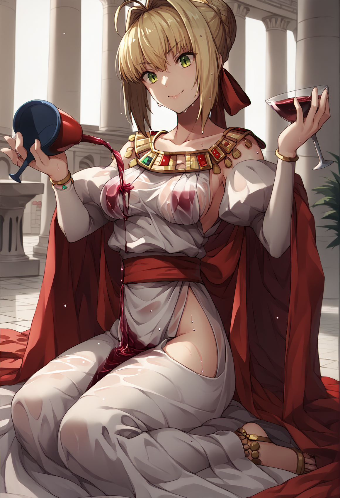blonde hair, french braid, single hair bun, green eyes, ahoge, toga, long skirt, side slit, jewelry, greek temple, holding chalice, wine, wet clothes, evil smile, pouring, pouring onto self, wakamezake, kneeling, sitting  <lora:Mochiron_yo_da_yo:1> <lora:wakamezake (1):1>, score_9, score_8_up, score_7_up, score_6_up, score_5_up, score_4_up, BREAK source_anime, masterpiece