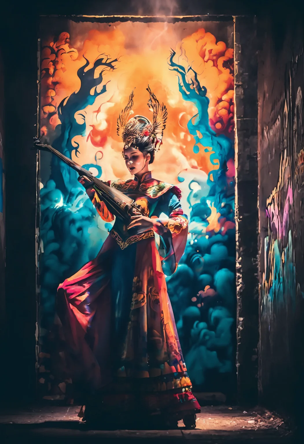 urban graffiti style concept art A Chinese female Opera playing,fire,fog, primary style, radiant light, mysterious mist, vibrant color palette, dynamic composition, dramatic, complex, elegant, highly detailed, extremely detailed, professional focus, beautiful, real, cinematic, strange, great, epic, artistic, exquisite atmosphere, perfect, full, quiet, calm, amazing, creative. digital artwork, illustrative, painterly, matte painting, highly detailed, incredible quality, intricate detail, flowing, heroic, brilliant, awesome, symmetry, focused, intense, majestic, attractive, bright, colorful, best, spectacular, fine, polished, iconic, rich deep colors, ambient background, pristine, magical, outstanding, singular. vibrant, edgy, street art, underground, spray paint effect, futuristic magic, fantastic, pure, magnificent, fabulous, stunning, flawless, colossal, joyful, luxury, lovely, marvelous, breathtaking, cheerful, excellent, illuminated, gorgeous, wonderful, directed, astonishing, pretty, enhanced, romantic, sublime, cute, peaceful, infinite, tender, novel, fancy, impressive, glorious, enormous