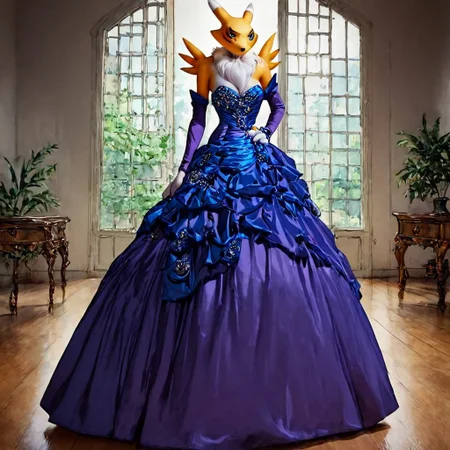 three_quarter_view ,score_9, score_8_up, score_7_up, score_6_up, score_5_up, score_4_up, source_furry, rating_explicit,
Renamon at a beautiful night ball wearing a purple colored ball gown and dancing