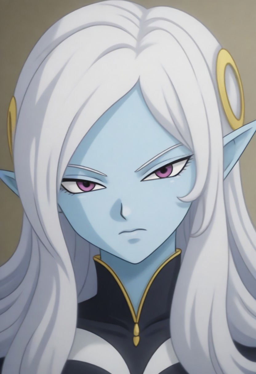 Masterpiece, Top Quality, source_anime, anime screencap, source_anime, auratheguillotine, anime screencap, masterpiece, source_anime, shiny skin,,,,towa(dragon ball), pointy ears, colored skin, blue skin, long hair, purple eyes,white hair, hair ornament, jewelry,