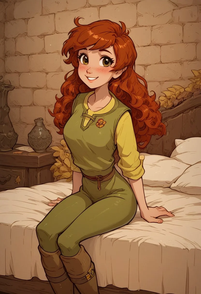 (score_9, score_8_up:1.1), score_7_up, 1girl, solo, too cute to be true, 18 years old, medium breast, Taran, Hazel Brown Eyes, Red Hair, long hair, Green Vest, Yellow Shirt, Green Pants, Brown Boots petite, cute girl, pretty girl, innocent girl, sexy, cowboy shot, looking at viewer, smile, bedroom, inn, bed, sitting on bed, blush,