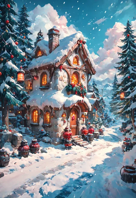 Score_9, Score_8, Score_7, FF Christmas Painting Style,  outdoors, sky, day, cloud, blue sky, tree, night, building, scenery, christmas, snow, lantern, snowing, mountain, road, house, winter, christmas tree, lamppost, christmas ornaments, pine tree