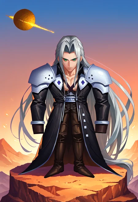 score_9, score_7_up, <lora:StS_PonyXL_Detail_Slider_v1.4_iteration_3:2> hill, meteor,
<lora:FFVII_Sephiroth_V1.0:1> sephiroth, official outfit, 1boy, male focus, solo, long hair, grey hair, armor, open clothes, shoulder armor, long sleeves, pectorals, black jacket, jacket, very long hair, parted bangs, black gloves, high collar, long bangs, black coat, green eyes, slit pupils, looking at viewer
<lora:zs_FFVIIChibisXL_1:1> ffviichibis, chibi, full body