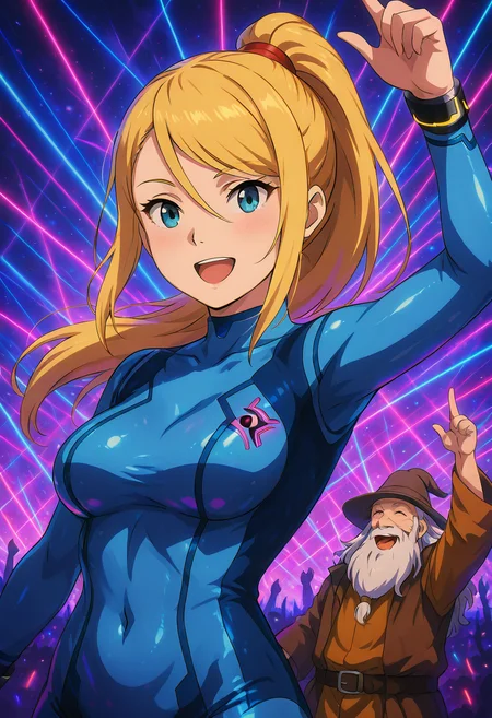 masterpiece, best quality, L0rd0fTh3R4v3s, g4nd4lf, looking at viewer, smile, open mouth, 1boy, :d, arm up, facial hair, beard, old, old man, 1girl, samus, solo, blonde hair, bodysuit, blue clothes, (upper body), ,<lora:SauronsRaveTower_IXL_v1:1.0>,
