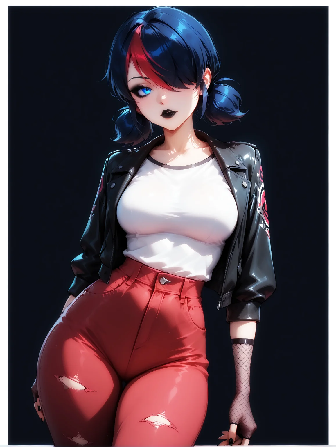 masterpiece, best quality, hyper-Detailed, amazing quality, very aesthetic, amazing quality, dynamic angle, solo, 19 years old, imtdemonette, 1girl, multicolored hair, hair over one eye, blue hair, red hair, blue eyes, jacket, fingerless gloves, black nails, fishnets gloves, streaked hair, pants, shirt, two-tone hair, hair bun, black jacket, lipstick, black lips, short twintails, low twintails, eyeshadow, double bun, torn pants, wide hips, medium breast, bare neck. natural pose, simple background, two tone background, border