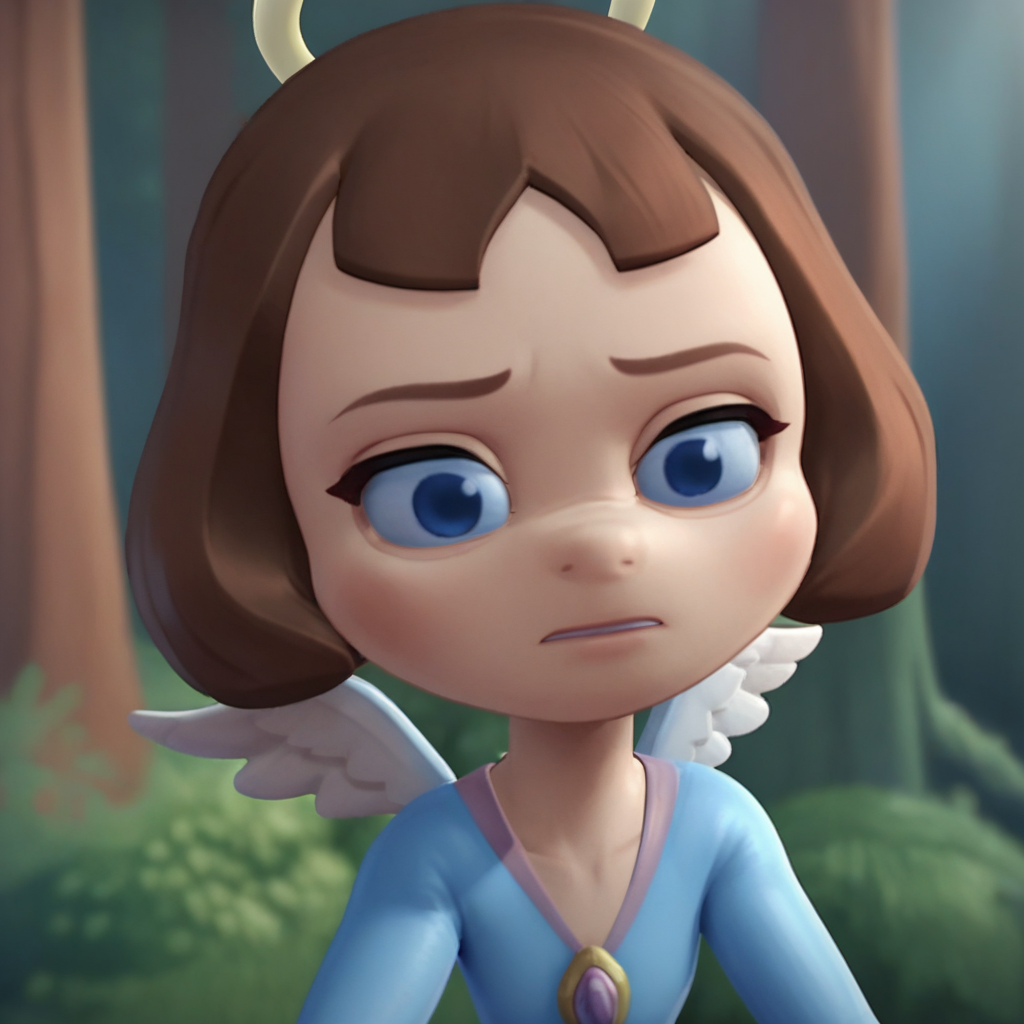 Ugly score_9_up, score_8_up, score_7_up, BREAK, hopevt, 1girl, solo, brown hair, short hair, blue eyes, halo, blue dress, wings,  forest,  <lora:Hope_VeggieTales_PXL_Leaf1:1>, depth of field,