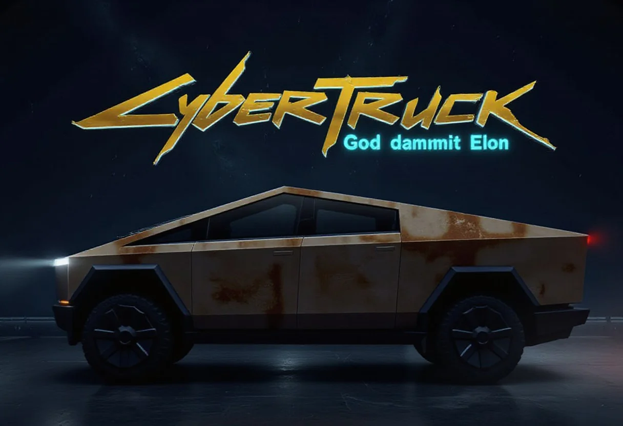 Cyberpunk typeface golden text "Cyber Truck" with cyan afterglow, cyan subtitle text "God dammit Elon" with cyan afterglow, cybertruck coated in rust, A dark night sky in the background