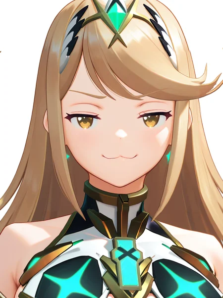 masterpiece, best quality, amazing quality, very aesthetic, absurdres, newest, <lora:Xeno2StyleV2:1>xeno2style mythra \(xenoblade\), smug, half-closed eyes, upper body, smile wavy mouth, :3 simple background, white background, solo