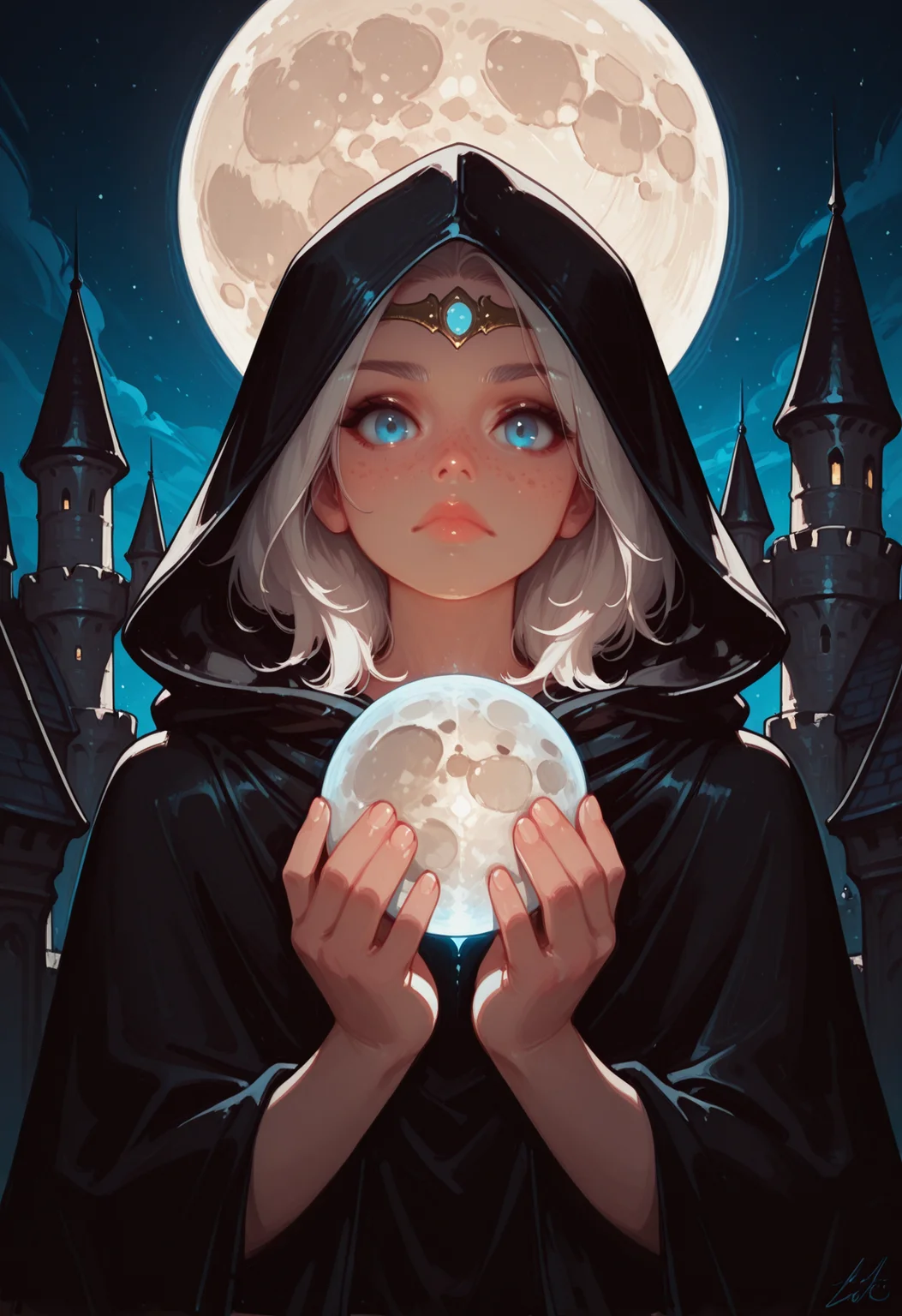 masterwork, masterpiece, best quality, dynamic lighting , dynamic pose, depth of field, ,
(lineless:1.5) ,<lora:b-mixlora2:1.5>
1girl, blue eyes, solo, looking at viewer, hood, white hair, cloak, freckles, moon, upper body, signature, artist name, hood up, fingernails, lips, hooded cloak, night, closed mouth, sky, glowing, circlet, outdoors, full moon, black cloak, long sleeves, holding, castle, medium hair, cape, glowing, holding moon,,
