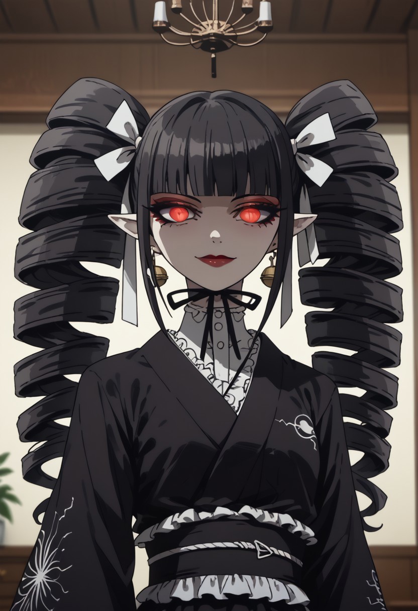 zPDXL3, score_9_up, score_8_up, score_7_up, (Anime_source), 1girl, standing, looking at viewer, Celestia, drill hair, long hair, twin drills, red eyes, black hair, twintails, frills, earrings, jewelry, bangs, lipstick, buttom eyes, eyeshadow, closed mouth, seductive smile, lusty face, Kimono, black Kimono, flowery dress, slit pupils, white pale skin, small black demon horns, pointy ears, glowing eyes, sinozick style, flat color, dark theme, background, interior, bedroom