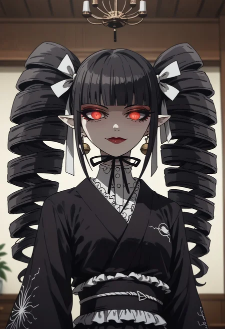 zPDXL3, score_9_up, score_8_up, score_7_up, (Anime_source), 1girl, standing, looking at viewer, Celestia, drill hair, long hair, twin drills, red eyes, black hair, twintails, frills, earrings, jewelry, bangs, lipstick, buttom eyes, eyeshadow, closed mouth, seductive smile, lusty face, Kimono, black Kimono, flowery dress, slit pupils, white pale skin, small black demon horns, pointy ears, glowing eyes, sinozick style, flat color, dark theme, background, interior, bedroom