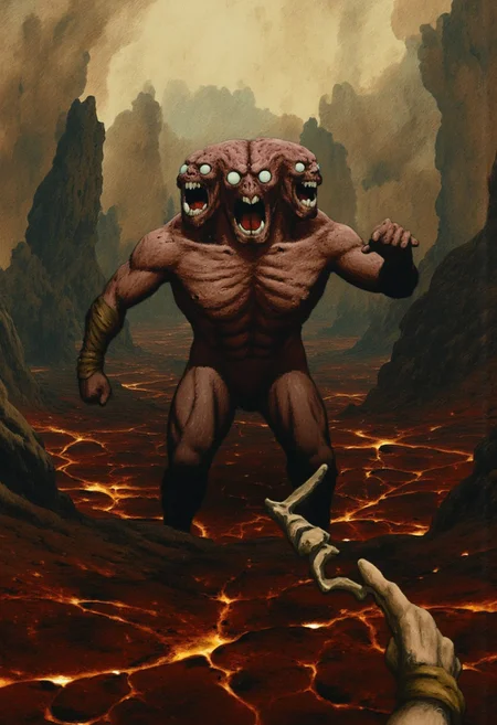 b3rs3rk macro lens d4concept pov, 3D01S, simple background d4artstyle atmospheric and powerful MikeFranchinastyle dark fantasy, natural organic and first person pov of a berserk style creature in the Tsutomu Nihei style
Nightmarish two-headed beast rising from molten ground, dark fantasy horror. Each head has three milky, pupilless eyes arranged vertically, with gaping maws full of needle-like teeth, locked in a perpetual scream. Its skin is a mix of reddish-brown scales and brain-like folds, with deep brow ridges and sunken cheeks that give it an ancient, primordial look.
The beast has a muscular humanoid torso, hunched and powerful, with thick arms and oversized hands ending in sharp claws. Its lower body is submerged in fiery, cracked earth, suggesting a more monstrous form beneath. The creature wields a long staff or spear with a curved, scythe-like blade, adorned with primitive wrappings.
The environment is shrouded in swirling smoke and molten rock, with lava casting a hellish glow. Cracks in the ground pulse with golden light, hinting at intense heat. The art style combines realism with dark fantasy, focusing on intricate details of the creature's skin and features. Warm browns, reds, and oranges dominate, while the lighting emphasizes the horror of the scene.
UHD letterboxed game trailer frame chromatic aberration dark atmosphere sharp masterpiece with a focus on the character, elden ring, dark atmosphere