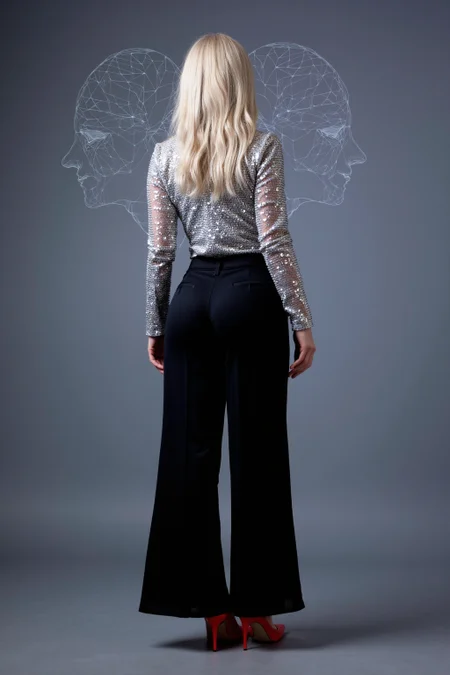 This is a photograph of a young woman captured from behind. She has a round ass. She is wearing Silver sequin blouse, black wide-leg pants, red pumps. She has long, white hair.Full body shot
The background is the mind-linking network, telepathic communication, shared consciousness, collective knowledge. <lora:roundassv16_FLUX:1>