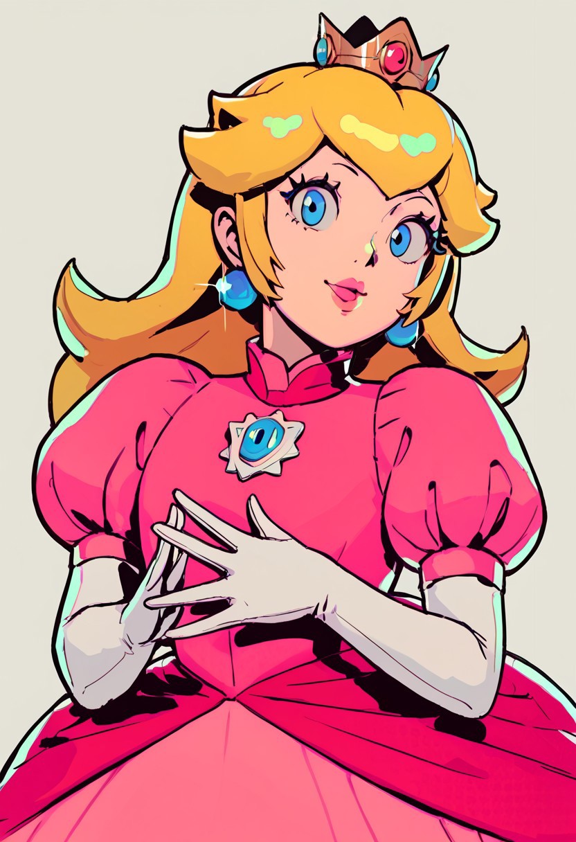 score_9, score_8_up, score_7_up, score_6_up, score_5_up, score_4_up, source_cartoon, <lora:confetti-extract- ponyxl:0.85>, detailed eyes, easynegative, rating_explicit, Expressiveh, 1girl, solo, smiling at viewer, smile, close up, datcravat, 
princess peach, blonde hair, blue eyes, long hair, crown, pink lipstick, pink lips, dress, gem, gloves, pink dress, princess, puffy short sleeves, puffy sleeves, short sleeves, white gloves, detached collar, pendant, gem, chest jewel,