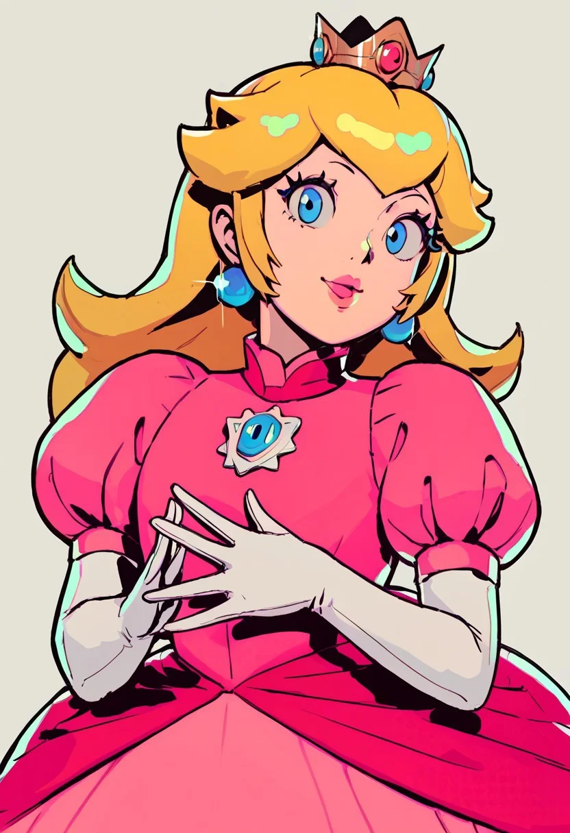 score_9, score_8_up, score_7_up, score_6_up, score_5_up, score_4_up, source_cartoon, <lora:confetti-extract- ponyxl:0.85>, detailed eyes, easynegative, rating_explicit, Expressiveh, 1girl, solo, smiling at viewer, smile, close up, datcravat, 
princess peach, blonde hair, blue eyes, long hair, crown, pink lipstick, pink lips, dress, gem, gloves, pink dress, princess, puffy short sleeves, puffy sleeves, short sleeves, white gloves, detached collar, pendant, gem, chest jewel,