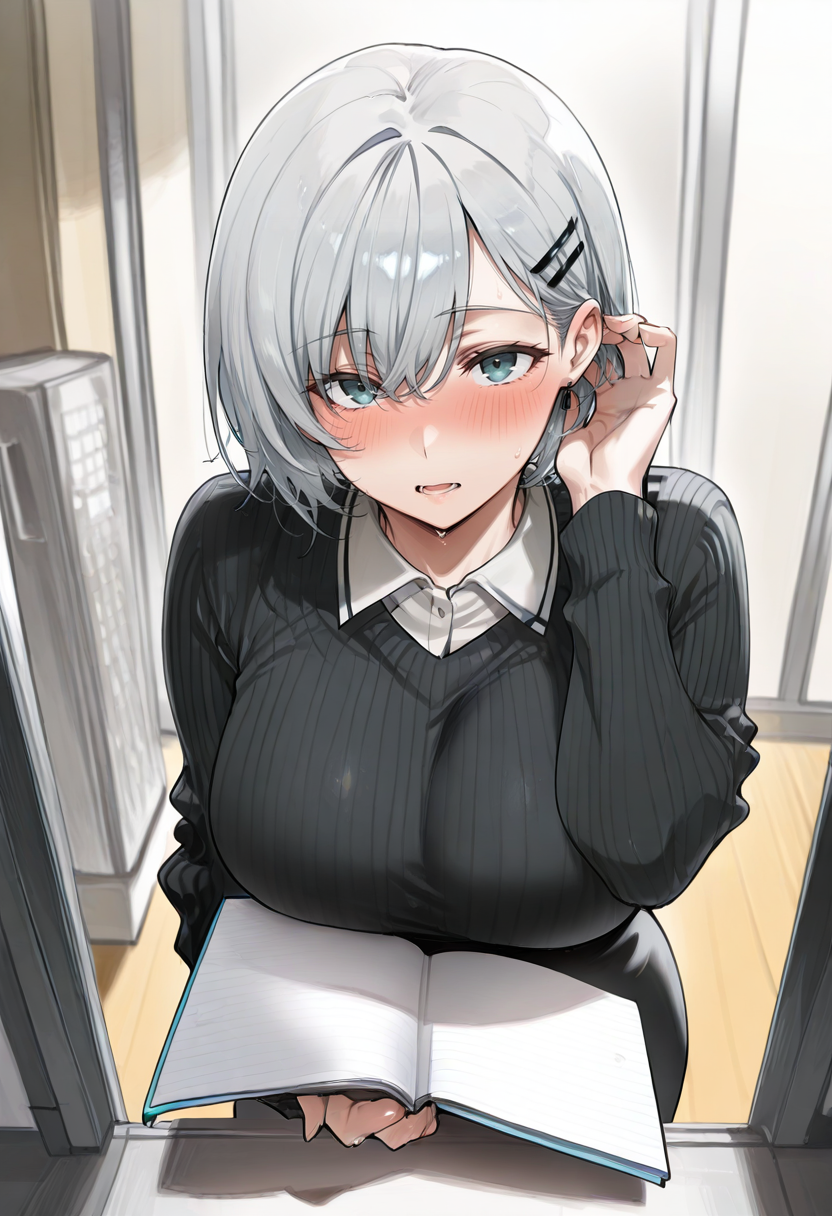 1girl alternate_hair_length alternate_hairstyle black_sweater blue_eyes blush breasts collared_shirt dress_shirt grey_hair hair_ornament hairclip holding holding_notebook indoors large_breasts long_sleeves looking_at_viewer notebook open_mouth shirt short_hair sweater tucking_hair white_shirt
, <lora:orushibuIL:1>, masterpiece, best quality, amazing quality