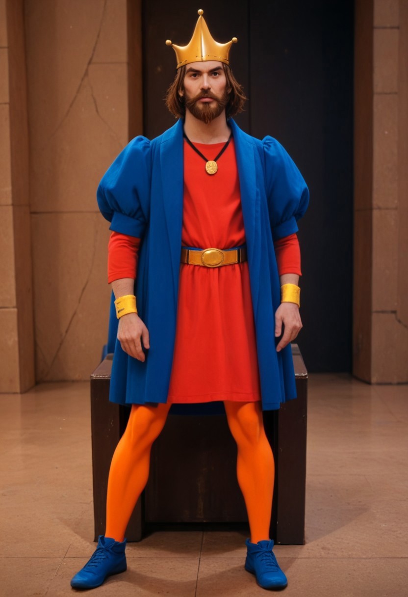 score_9, score_8_up, human, beard, KingRandor, gold crown, blue coat, puffy sleeves, red tunic, medallion, gold belt, wristbands, orange leggings, blue shoes, solo, 1boy, throne room background, photorealistic
