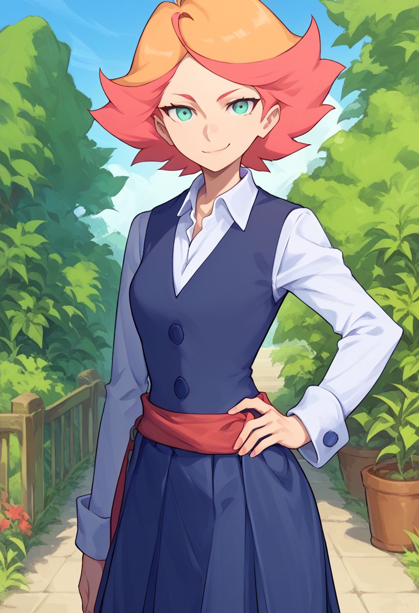 score_9, score_8_up, score_7_up, source_anime, highly detailed, 
amanda, 1girl, solo, orange hair, smile, school uniform, luna nova school uniform,
short hair, multicolored hair, looking at viewer, hand on hip, 
outdoor,