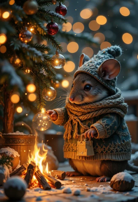A cute mouse decorating christmas tree, fire place, cosy, wearing a cosy sweater, funny sleep hat, winter christmas atmosphere