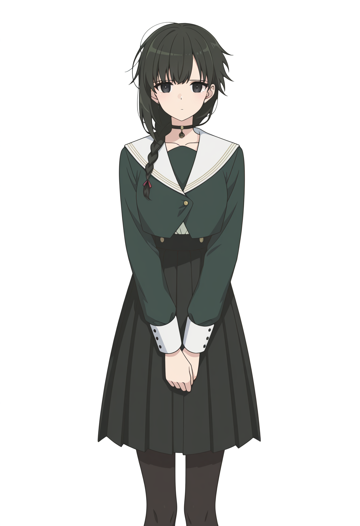 <lora:Yuki_illustrious-000028:1>,
YAMS_YK,1girl,solo,long hair,single braid,black eyes,black hair,braid,black skirt,sailor collar,black pantyhose,looking at viewer,pleated skirt,black choker,standing,v arms,closed mouth,green shirt,white_background,simple_background