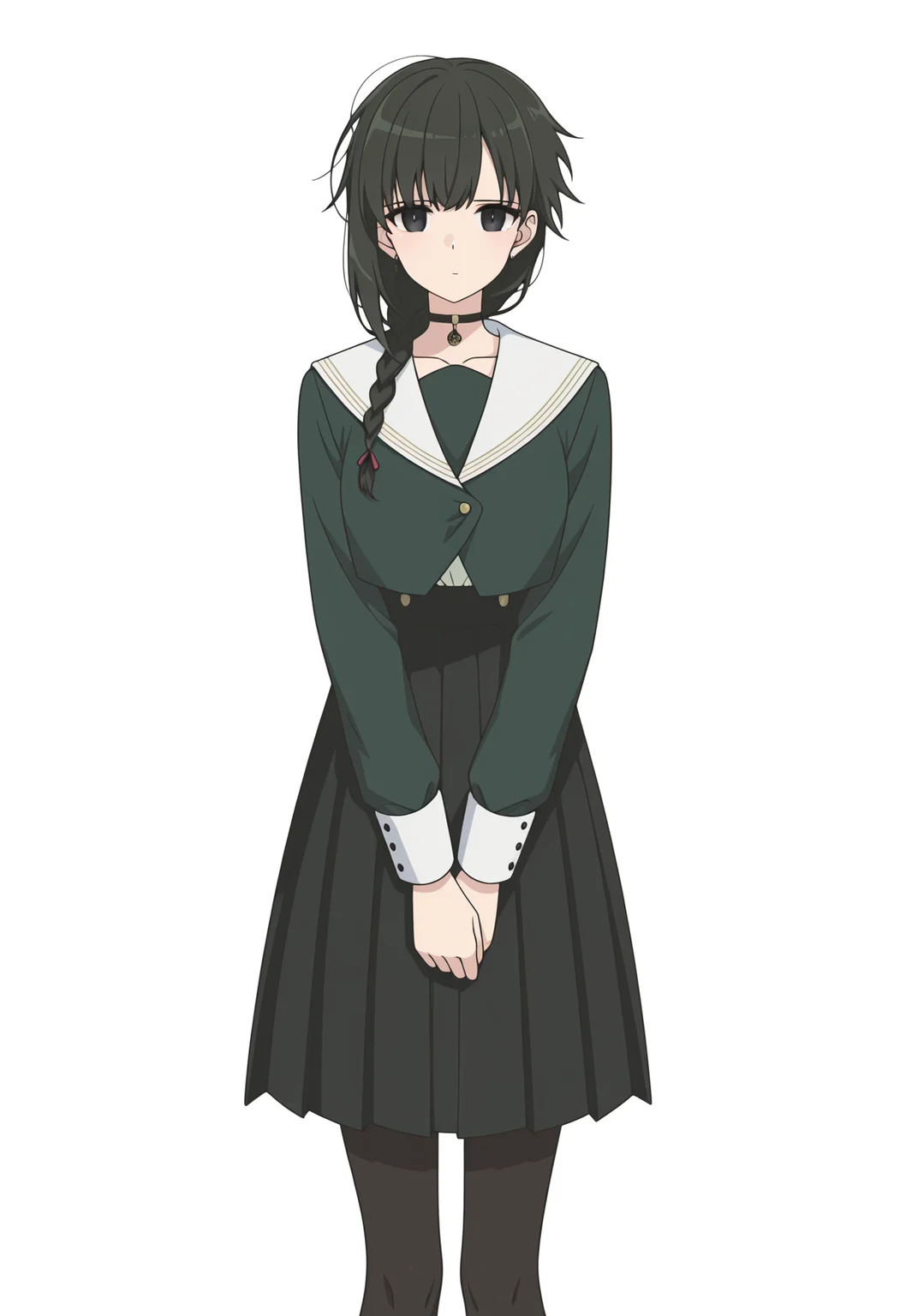 <lora:Yuki_illustrious-000028:1>,
YAMS_YK,1girl,solo,long hair,single braid,black eyes,black hair,braid,black skirt,sailor collar,black pantyhose,looking at viewer,pleated skirt,black choker,standing,v arms,closed mouth,green shirt,white_background,simple_background