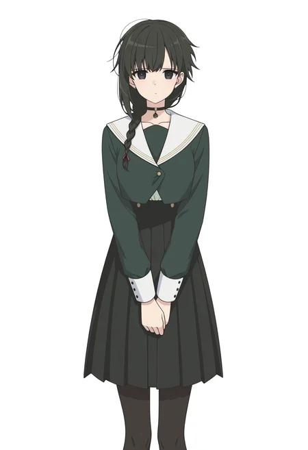 <lora:Yuki_illustrious-000028:1>,
YAMS_YK,1girl,solo,long hair,single braid,black eyes,black hair,braid,black skirt,sailor collar,black pantyhose,looking at viewer,pleated skirt,black choker,standing,v arms,closed mouth,green shirt,white_background,simple_background