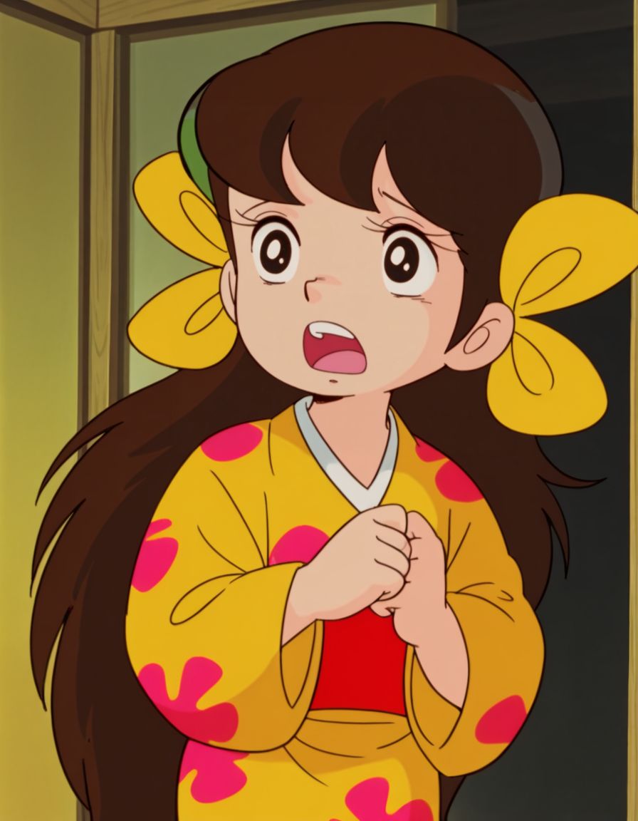 masterpiece, best quality, solo, scared, shouting, 
<lora:Sakura:1>, saku4a, 1girl, long hair, brown hair, black eyes, yellow kimono, multiple hair bows, 1980s \(style\),
