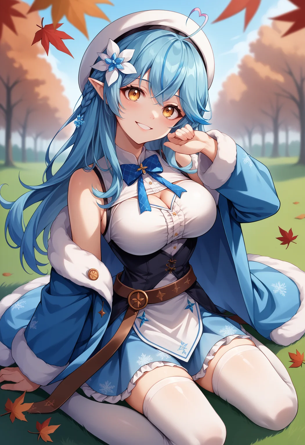 score_9, score_8_up, score_7_up, source_anime, 1girl, solo, LamyBase, blue hair, long hair, heart ahoge, hair flower, beret, white headwear, white shirt, frills, blue bowtie, cleavage cutout, black corset, brown belt, blue skirt, frilled skirt, white thighhighs, blue coat, fur-trimmed coat, snowflake print, outdoors, kneeling, autumn, autumn leaves, blurry, depth of field, head tilt, happy, smile, on grass, <lora:ChamYukihanaLamyPony:1>
