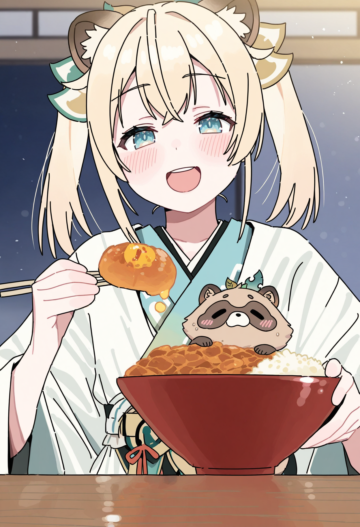 masterpiece,best quality,amazing quality,
kazama iroha, 1girl, virtual youtuber, animal ears, blonde hair, japanese clothes, smile, bowl, looking at viewer, blue eyes, kimono, solo, twintails, open mouth, bangs, tanuki, food, :d, upper body, holding, hair ornament, raccoon ears, medium hair, blush, animal ear fluff,
<lo<lora:Imamura_Ryou:1>