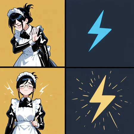 masterpiece, best quality, amazing quality, colorful, drakeposting_meme, 4koma, simple background,
BREAK 1girl, maid,glasses, long dress, latex dress, white apron, maid headdress, folded ponytail, black hair, closed eyes, no gesture,
BREAK, blue lightning symbol,
BREAK 1girl,maid,glasses, long dress, latex dress, white apron, maid headdress, folded ponytail, black hair, closed eyes, pointing, yes gesture,
BREAK, yellow lightning symbol,