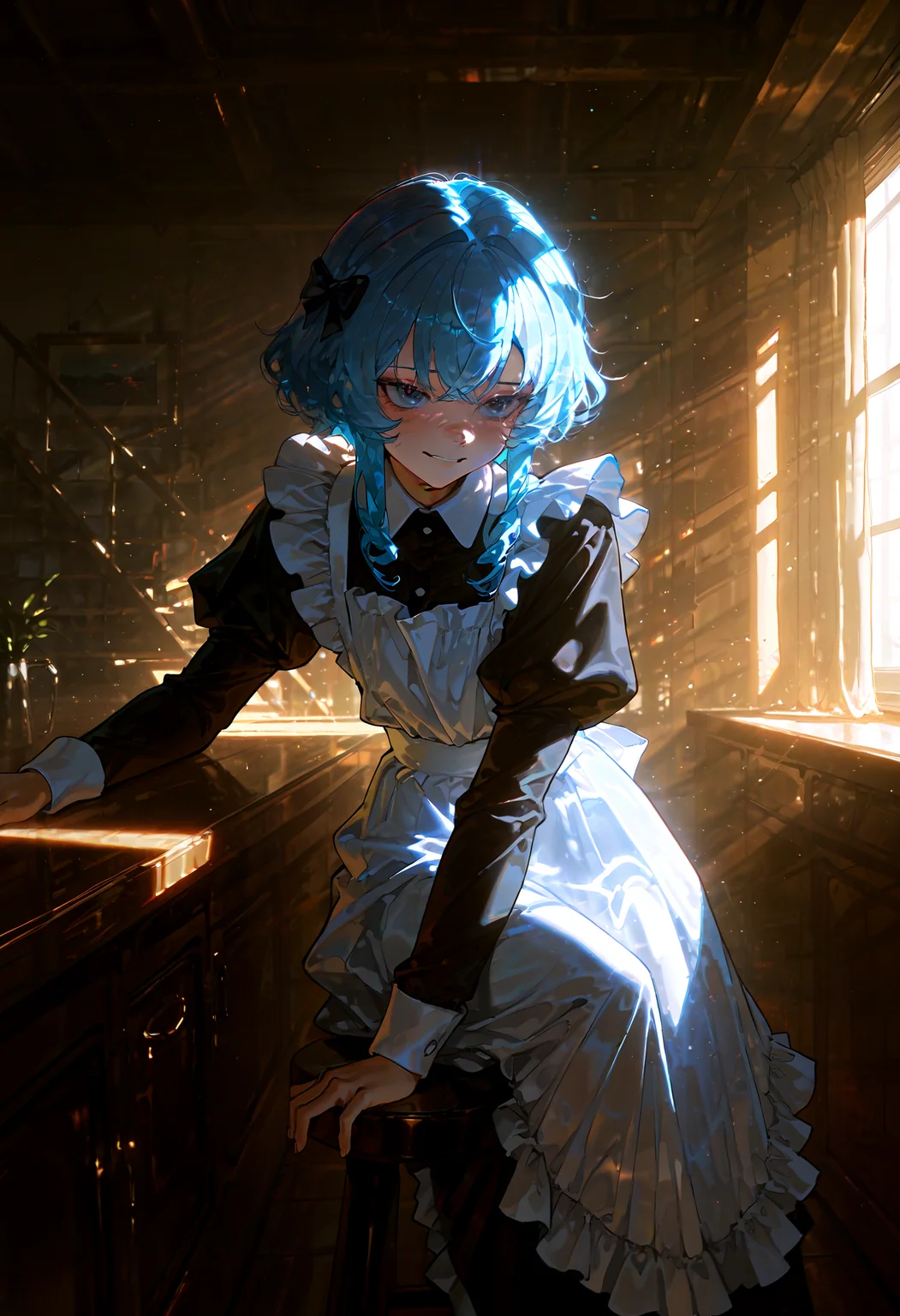 masterpiece, best quality, amazing quality, very aesthetic, absurdres, newest, scenery, volumetric lighting, by basedbinkie, (bold red neon saturation), god rays, distortion, lens distortion, 1boy, androgynous, otoko no ko, crossdressing, (royal blue eyes), salt and pepper hair, short hair with long locks, curly hair with glitter highlights hair fade haircut hair curled_hair Layered Wavy Cut with Curtain Bangs hair, hair ornament, hair bow, deep purple lips, Teasing expression, Light smirk, playful squint, apron, black dress, collared dress, dress, frills, gathers, juliet sleeves, light blush, long sleeves, maid, maid apron, puffy sleeves, white apron, wing collar, steps back with poise, knees bent and arms in a dynamic pose, ready to groove, detailed background, jewelry counter stool, masterpiece, best quality, amazing quality, very aesthetic, absurdres, newest, scenery, volumetric lighting <lora:sdxl_lightning_8step_lora:1.0> <lora:DarkerThanDarkIllustriousV1:0.8> <lora:Dramatic_Lighting_Slider:4.0> <lora:Detailer_NoobAI_Incrs_v1:0.5>