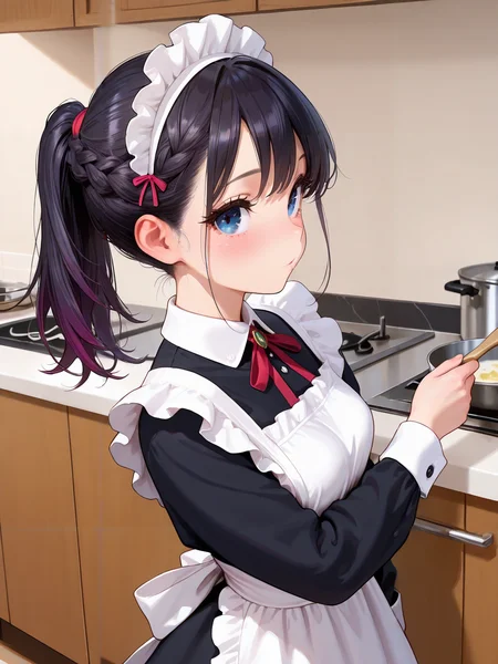 masterpiece,amazing quality,best quality,ultra-detailed,8K,illustration,CG,shiny hair,clear skin,ultra-detailed-eyes,simple background,cute girl, eyelashes ,indoor,room,kitchen,<lora:braid ponytail_illustrious_V1.0:0.7> ponytail,braid,maid dress,from sided,cooking