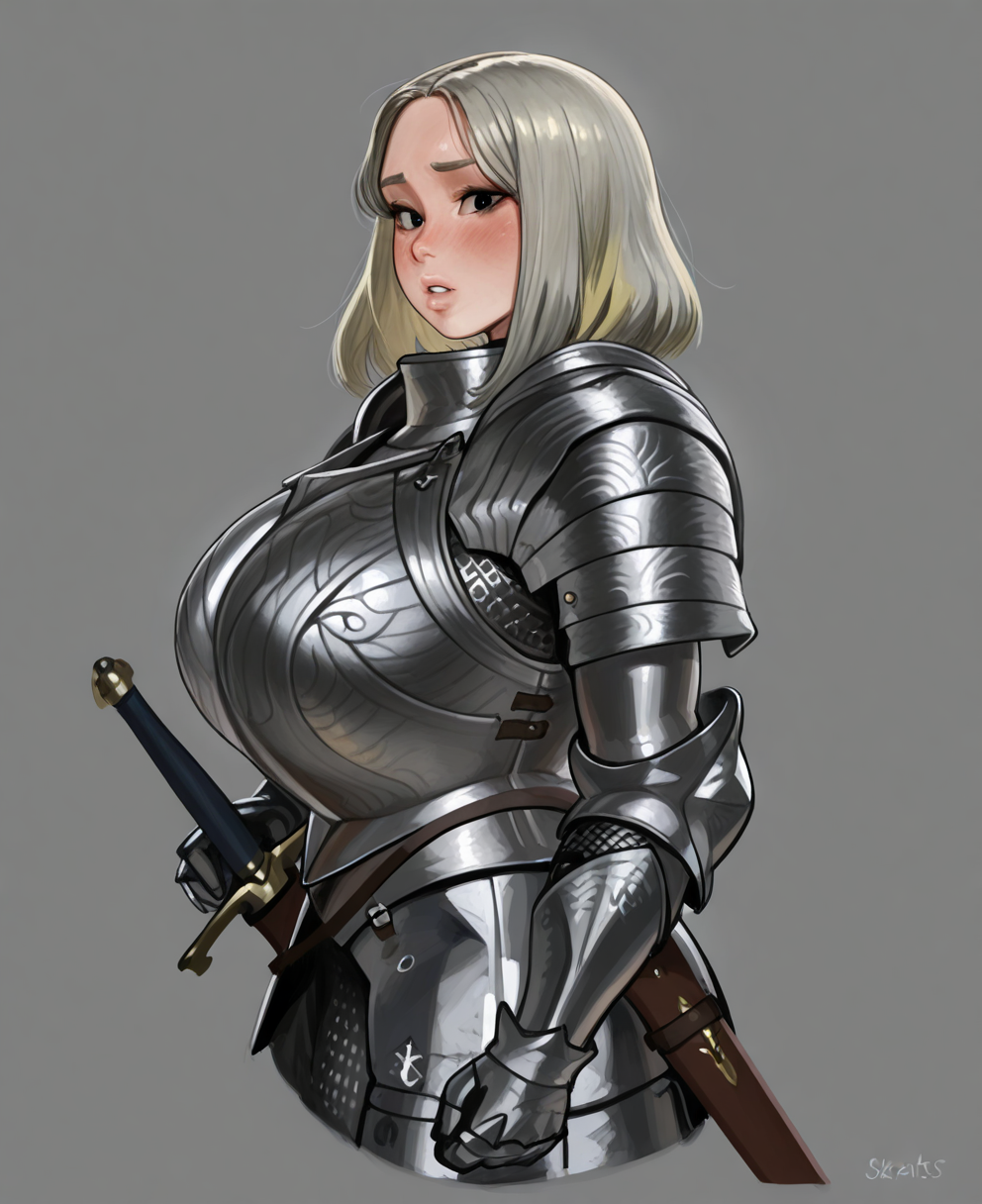 <lora:skrats:1> skrats,
(masterpiece), (best quality), (ultra-detailed), amazing quality, very aesthetic, illustration, perfect composition, intricate details, absurdres, incredibly absurdres, shiny skin, realistic,
 skrats, 1girl, weapon, armor, solo, sword, breasts,  weapon, knight,  sword, , huge breasts, grey background, cropped legs, shoulder armor, plate armor, gauntlets, breastplate, looking at viewer, medium hair, simple background, short hair, pauldrons, sheath, black eyes, blonde hair, faulds, parted lips, from side, grey hair, boobplate, blush, full armor, chainmail, sheathed, sensitive