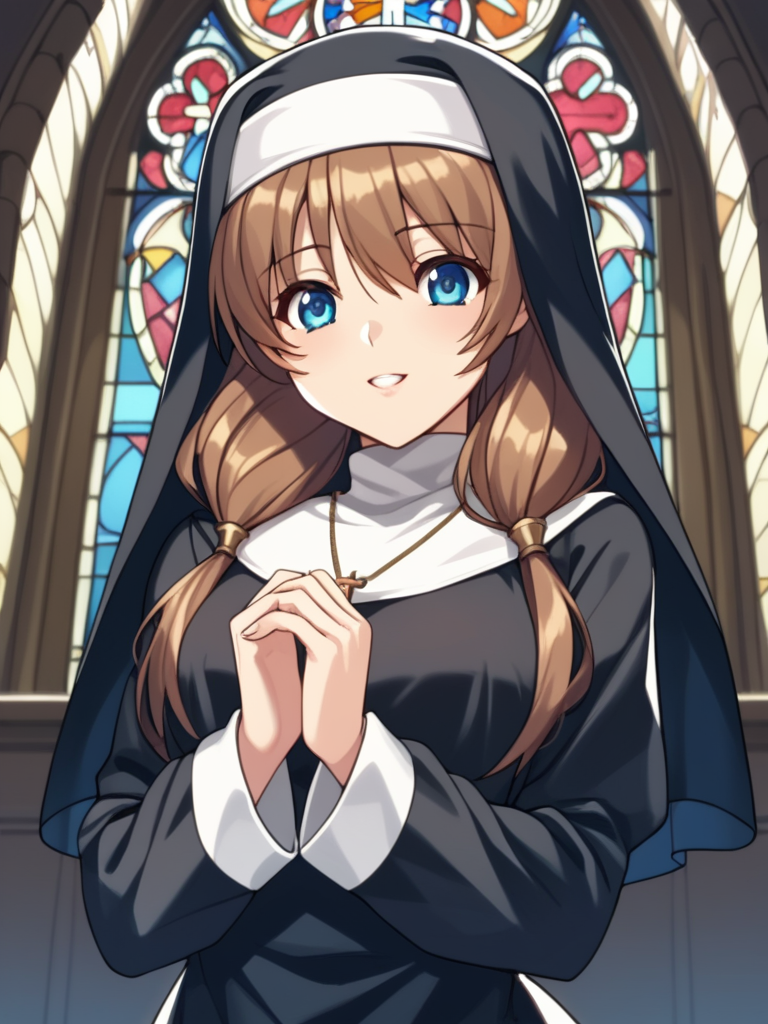 score_9, score_8_up, score_7_up, score_6_up, BREAK masterpiece, perfect face, perfect hands, high quality, source_cartoon, BREAK (1girl, solo,) <lora:Renka_Misaki_-_Akiba_Girls:1> renka, long hair, brown hair, twintails, blue eyes, nun habit, nun uniform, church, stained glass windows,