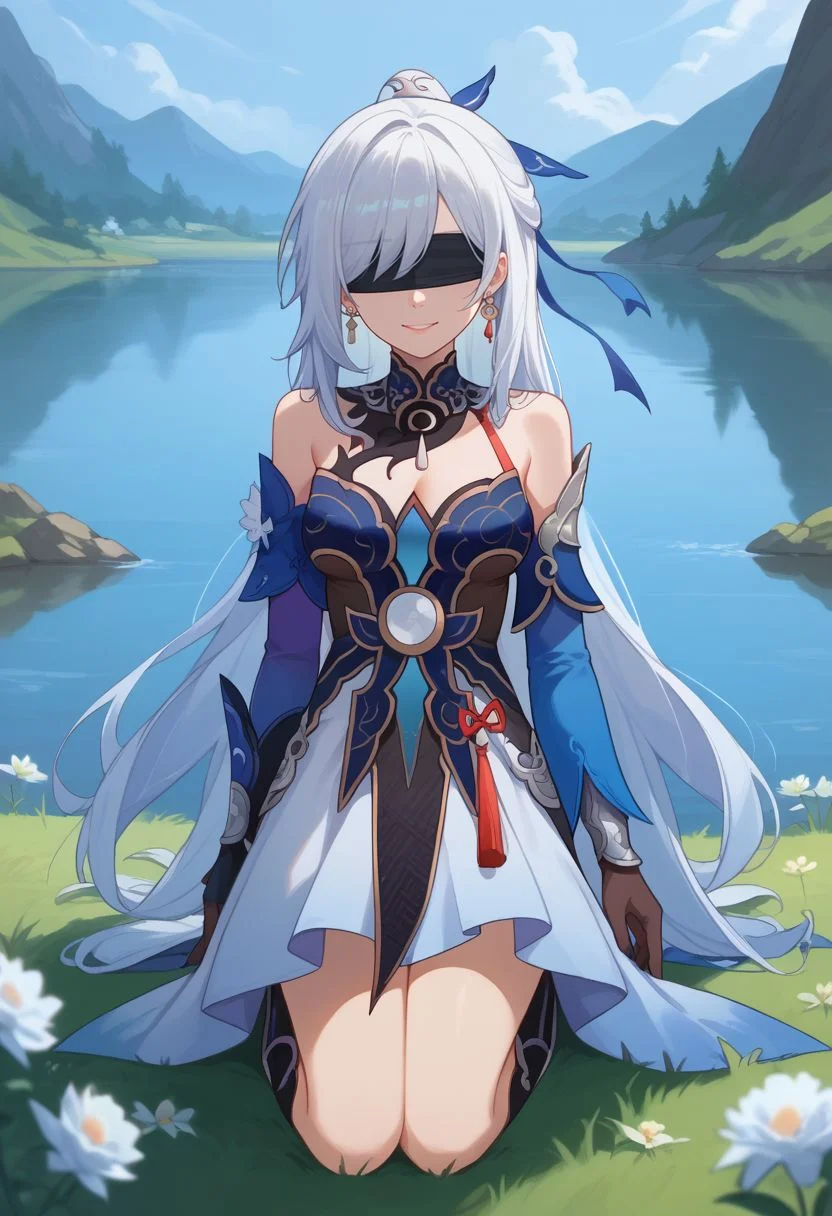 score_9, score_8_up, score_7_up, source_anime, 1girl, jingliudef, black blindfold, covered eyes, white hair, long hair, high ponytail, earrings, jewelry, medium breasts, bare shoulders, detached sleeves, blue sleeves, blue dress, cleavage, black gloves, white skirt, black footwear, boots, smile, wariza, kneeling, looking at viewer, outdoors, lake, grass, sun, upper body, <lora:Jingliu_v1-000010:1>